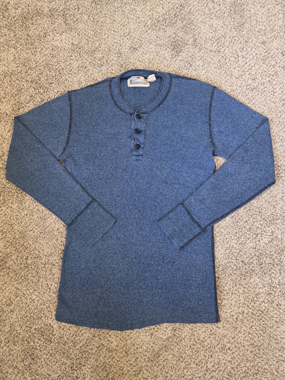 Aeropostale Men's Blue Henley Thermal Long Sleeve Shirt Minamilist Preppy